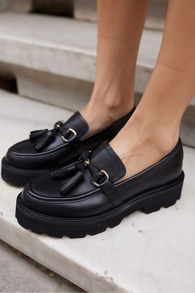 ANGELİNA JONES Gray Women's Black Real Leather Tassel Eva Sole Leather Loafer