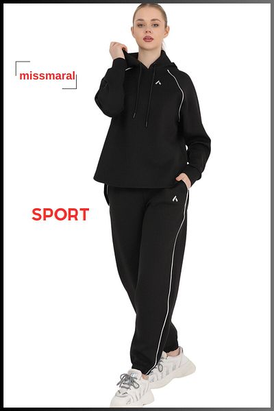 missmaral Set de trening Jogger pentru femei Top cu glugă alb-negru cu buzunar elastic pentru picior Jogger Scuba Fund 3070