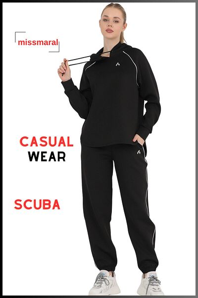missmaral Set de trening Jogger pentru femei Top cu glugă alb-negru cu buzunar elastic pentru picior Jogger Scuba Fund 3070
