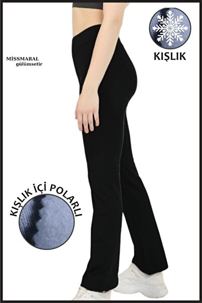 missmaral Kadın Siyah Bol Paça Kışlık Tayt Içi Polarlı Yüksek Bel Toparlayıcı Tam Boy Dalgıç Kumaş 1052
