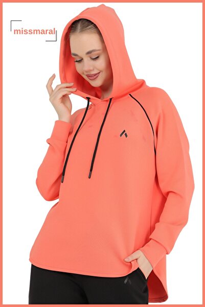 missmaral Kadın Jogger Eşofman Takım Siyah Oranj Kapüşonlu Oversize Üst Lastikli Paça Cepli Alt 3070