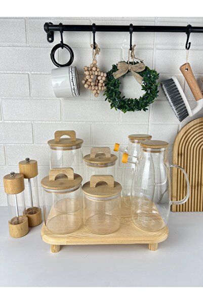 Mirilliahome Bambu Standlı Cam Kavanoz Ve Yağdanlık Seti – 7 Parça Mutfak Düz...