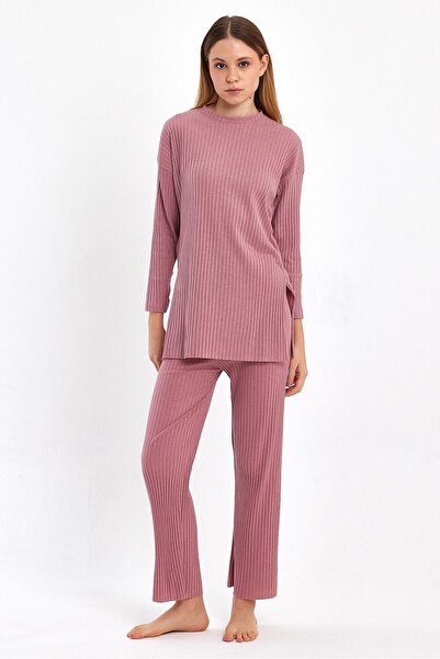 Oyga Women's Pink Women's Ribbed Report & Sweatpants, Casual Home Wear Pajamas Set