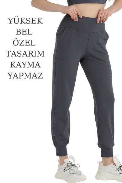 missmaral Kadın Curve Eşofman Alt Antrasit Jogger Dalgıç Kumaş Yüksek Bel Çift Cepli Joggers 1061