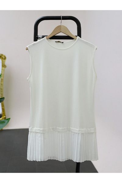 Modabenna Pleated Ecru Women's Hijab Shirt Pleated Pleated Tunic Underwear Sıfırkol Sleeveless White