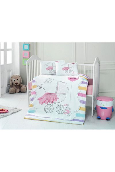 Kotonia Home Complete 8 Piece Baby Crib Set - Pink, 100% Cotton With Sponge Crib Protectors