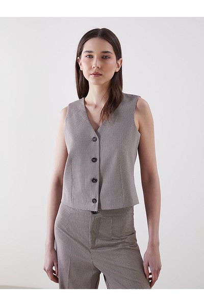LC Waikiki Lcw Vision Brown V-Neck Patterned Women's Classic Vest