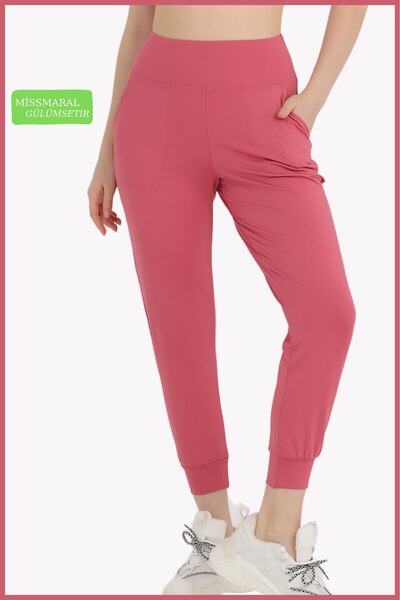 missmaral Women's Curve Tracksuit Bottom Dusty Rose Jogger Diving Fabric High Waist Double Pocket Joggers 1061