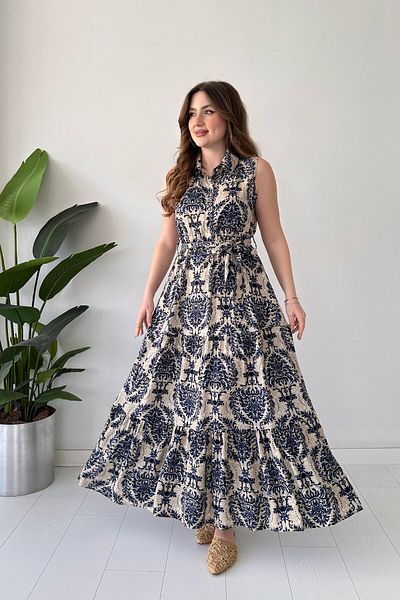 MaziButik Set șal și rochie fără mâneci cu imprimeu bleumarin