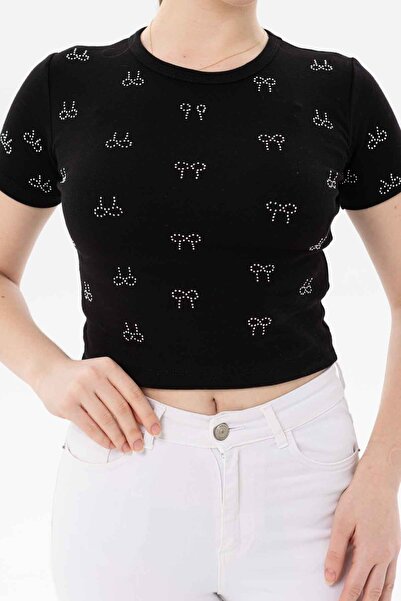 Zuzu γυναικείο πλεκτό κοντομάνικο μπλουζάκι με πέτρες