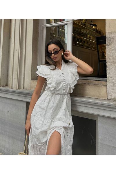 Astrea Butik White Cotton Fisto Dress with Sleevless Flywheel Detail and Lace up Waist
