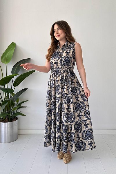 MaziButik Set șal și rochie fără mâneci cu imprimeu bleumarin