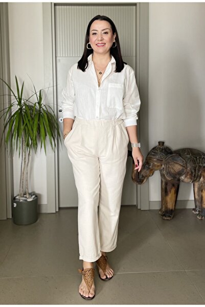 Butik Beli Lastikli Pileli Havuç Model Bilek Boy Pamuklu Keten Yumuşak Dokulu...