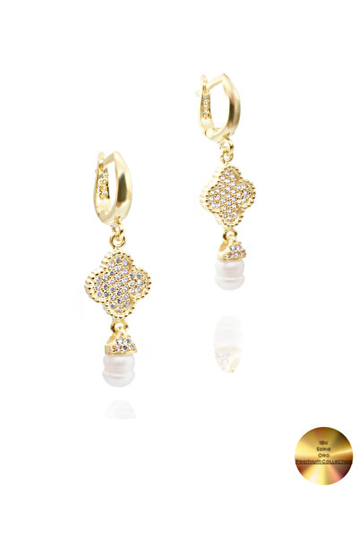 Brezza Lusso Jewelry 18k Serie Oro Sallantılı Hakiki İncili Yonca Gümüş Küpe