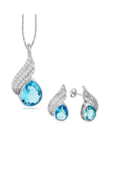 Brezza Lusso Jewelry Deniz Mavisi Damla Model Kanatlı Kadın Kolye Küpe Seti