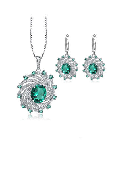 Brezza Lusso Jewelry Zümrüt Oval Taşlı Luxury Vintage Kadın Gümüş Kolye Küpe Set