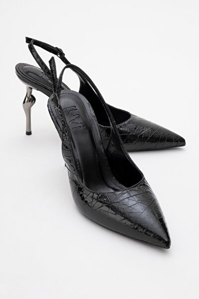 LuviShoes CHİCA Siyah Desenli Arkası Açık Sivri Burun Kadın Topuklu Ayakkabı