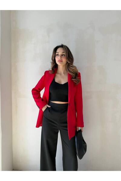 ENZOI Red Double Breasted Collar Buttoned Blazer Jacket