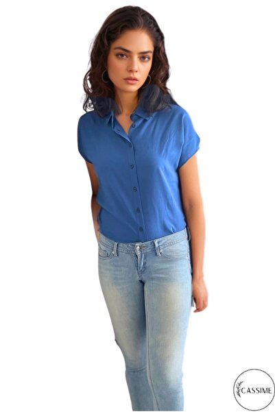 Cassime Women's Navy Blue Bat Short Sleeve Viscose Shirt