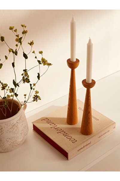 mebaconcept Açık Ceviz Ahşap Şamdan Seti - 20cm & 25cm Dekoratif Mumluk, Rust...