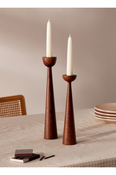 mebaconcept Ahşap Şamdan Seti Ceviz Rengi - 20cm & 25cm Dekoratif Mumluk, Rustik Şamdan, El Yapımı Ahşap Dekor