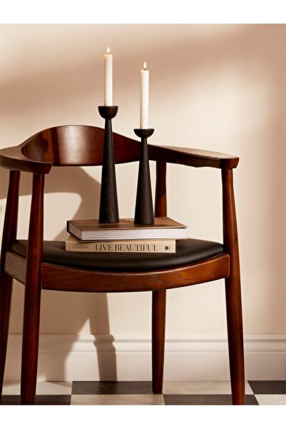 mebaconcept Siyah Ahşap Şamdan Seti - 20cm & 25cm Dekoratif Mumluk, Rustik Şa...