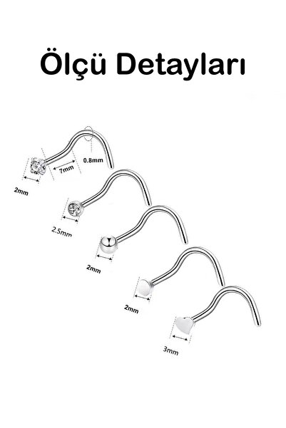 MORNEVA Cerrahi Çelik | Taşlı, Kalpli, Taşsız Minimal Burun Piercingi Spiral Kancalı Hızma Set (5 Adet)