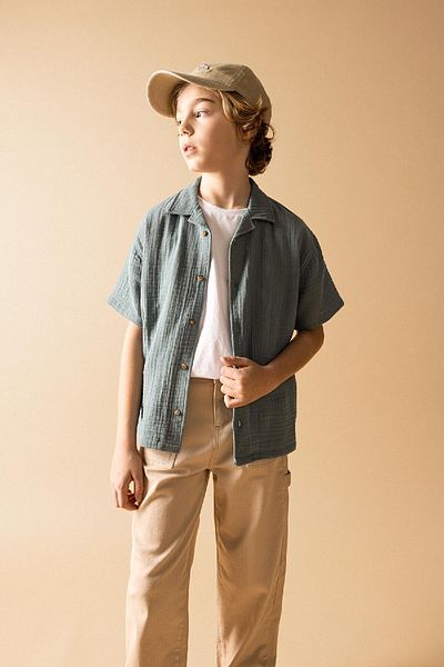 DeFacto Boy's Oversize Wide Fit Polo Neck Waffle Short Sleeve Shirt B8963A824Sm