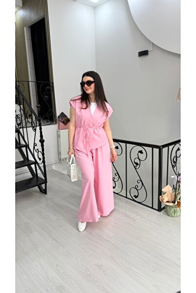 Butik Pembe belden bağlamalı kuşaklı yelek & bol pantolon kumaş ikili takım