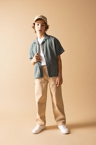 DeFacto Boy's Oversize Wide Fit Polo Neck Waffle Short Sleeve Shirt B8963A824Sm