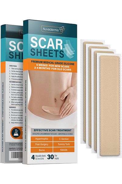 dermis NUVADERMIS Silicone Scar Sheets - Extra Long Surgical Scars - Reusable -Pack of 4