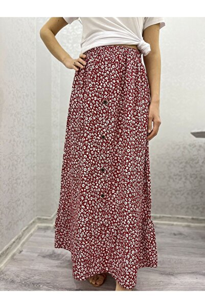 520CK Women's Floral Patterned Viscose Elastic Waist - Buttoned Front Long Skirt