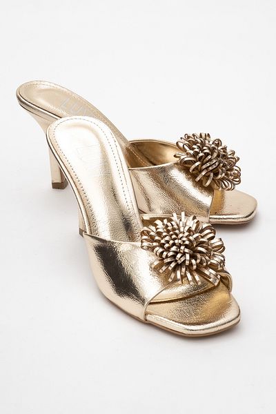 LuviShoes Papuci cu toc subțire pentru femei SHANA Gold Floral
