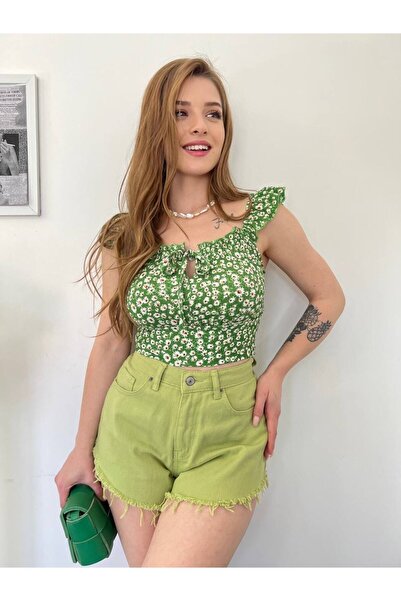 hiraz fashion Kadın Yeşil Çiçek Desenli Mini Crop