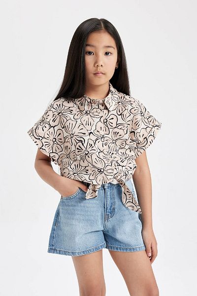 DeFacto Girl's Crop Short Sleeve Patterned Shirt B5064a824sm