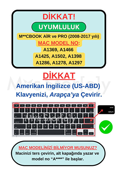 Mcstorey Arapça Klavye Macbook Air Pro Klavye Koruyucu Ustip (ESKİ USB'Lİ MODEL 2008/2017) Ile Uyumlu
