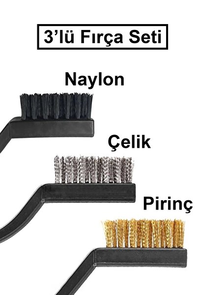 Svein 3'lü Çelik Pirinç Naylon Fırça Seti Mini Detay Temizleme Paslanmaz Plastik Saplı Cüruf Pas Toz