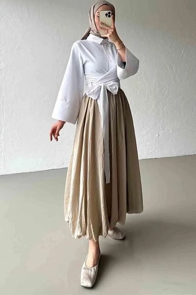 GALAVİP Women's Spanish Sleeve Waist Tie Shirt Suitable for Hijab White