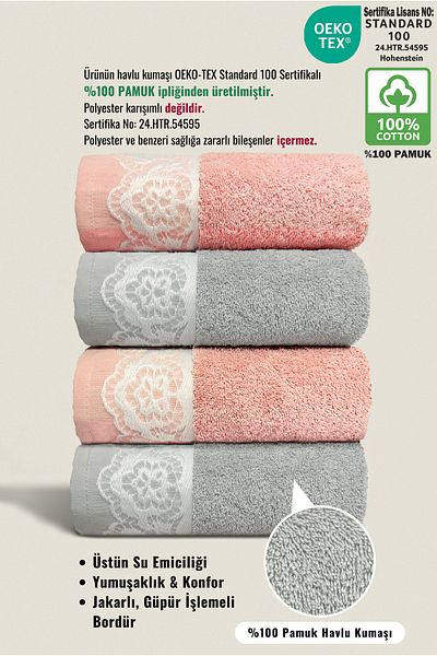 Ellaline Milano 4-Piece Hand Towel Set 100% Cotton Certified, Hand Face Kitchen Towel Laced 50X90Cm Pink Gray