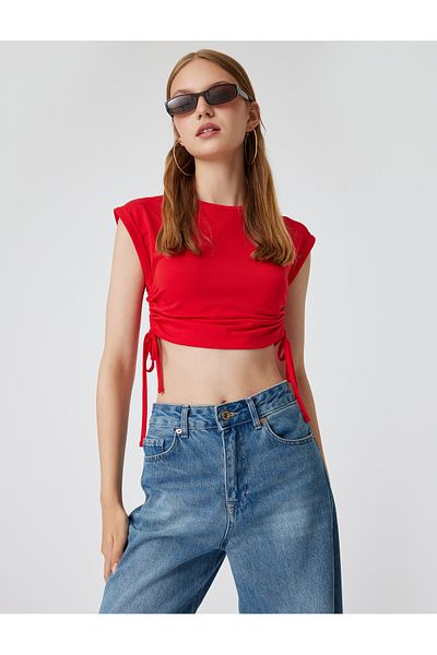 Koton New Season Sleeveless Crop T-Shirt with Shirred Sides and Tie-Up Crew Neck
