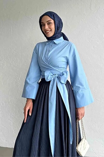 GALAVİP Blue Spanish Sleeve Women's Shirt with Tie at Waist Suitable for Hijab