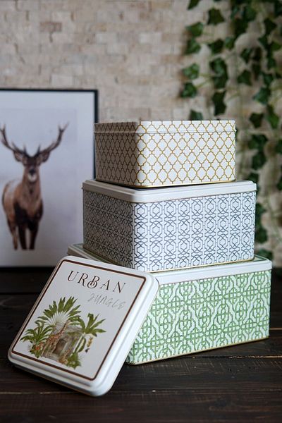 Hesaplı Kasa Jungle Patterned 3 Square Metal Storage Container Set (2.2 Lt + 3.7 Lt + 5.8 Lt)