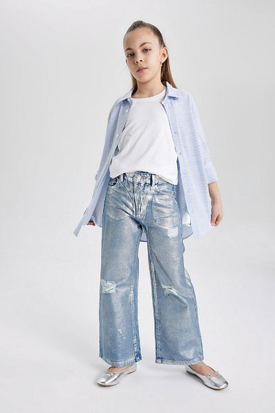 DeFacto Pantaloni de jeans pentru fetiță cu picior largi, rupte, cu detaliu, C1989a824sp