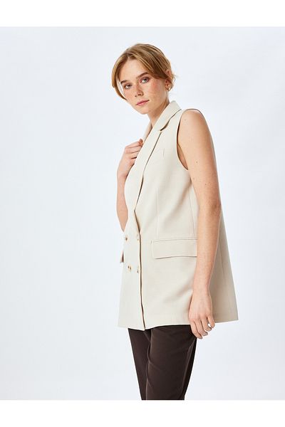 Koton New Season Viscose-Linen Blended Sleeveless Double Breasted Oversize Blazer Vest
