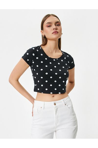 Koton New Season Low Back Polka Dot T-Shirt Crop Bow Detail