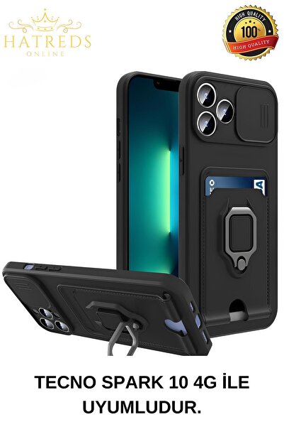 Hatreds Tecno Spark 10 4G Kılıf Lüx Tasarım Yüzüklü +İpli Lens Korumalı 3in1 ...