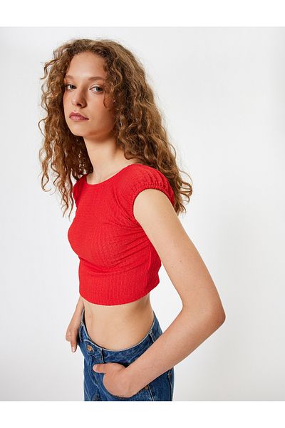 Koton New Season Crop T-Shirt Wrinkle Back Detail Cap Sleeve Boat Neck Slim Fit Wrinkle