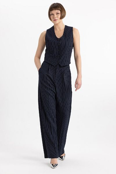 DeFacto High Waist Navy Blue Trousers - Wide Loose Leg with Straight Pockets C2022Ax24Sp