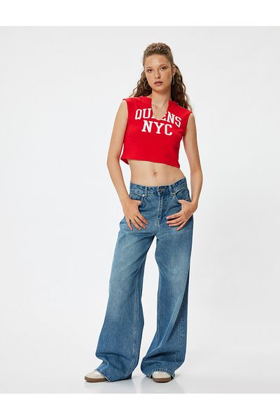 Koton New Season Crop Top V Neck Slogan Printed Sleeveless Slim Fit