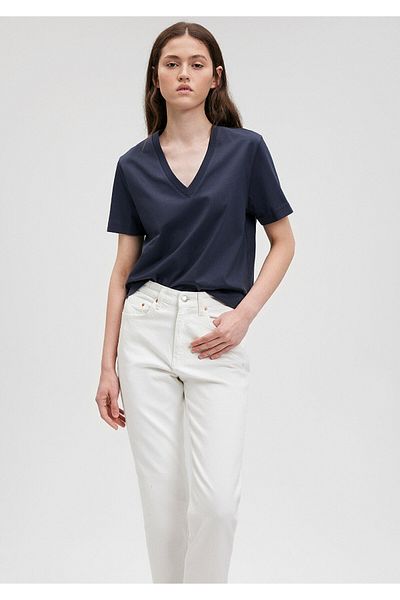 Mavi Tricou de bază albastru cu decolteu în V din bumbac mercerizat 1612701 -85315